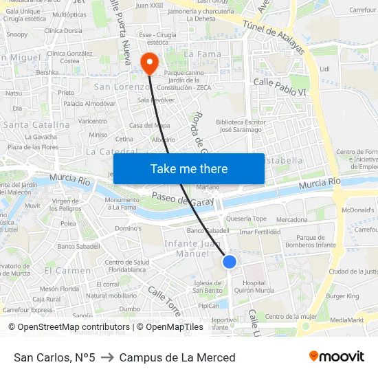 San Carlos, Nº5 to Campus de La Merced map