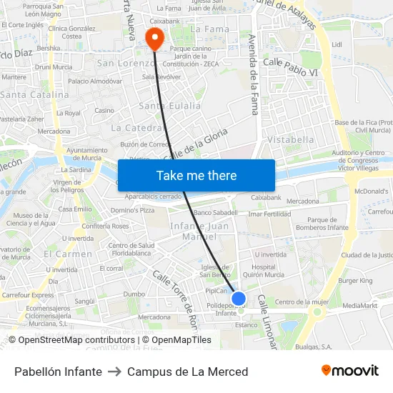Pabellón Infante to Campus de La Merced map