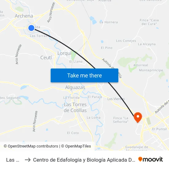Las Minas to Centro de Edafología y Biología Aplicada Del Segura (Cebas-Csic) map