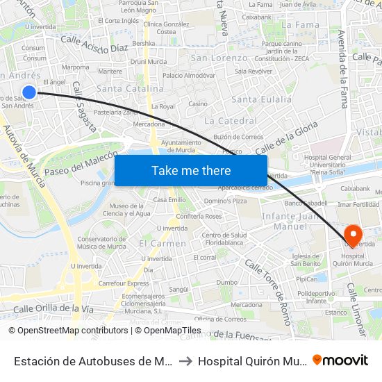Estación de Autobuses de Murcia to Hospital Quirón Murcia map