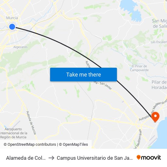 Alameda de Colón to Campus Universitario de San Javier map