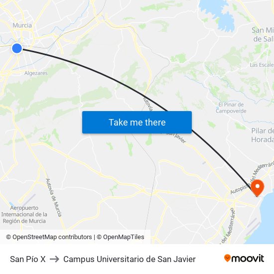 San Pío X to Campus Universitario de San Javier map