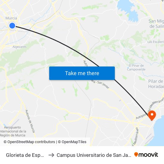 Glorieta de España to Campus Universitario de San Javier map