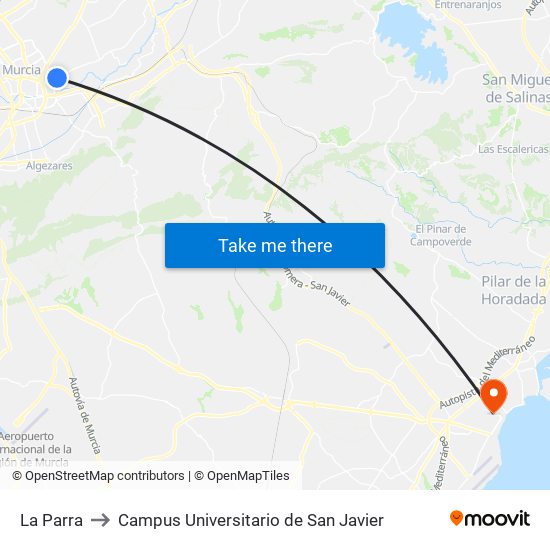 La Parra to Campus Universitario de San Javier map