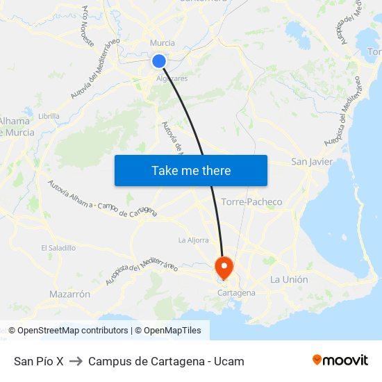 San Pío X to Campus de Cartagena - Ucam map