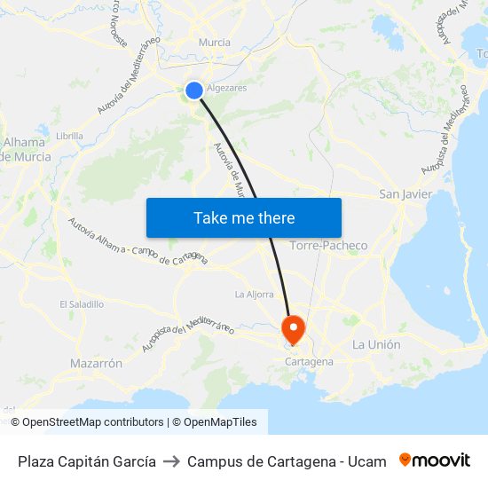 Plaza Capitán García to Campus de Cartagena - Ucam map