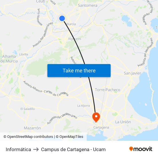 Informática to Campus de Cartagena - Ucam map