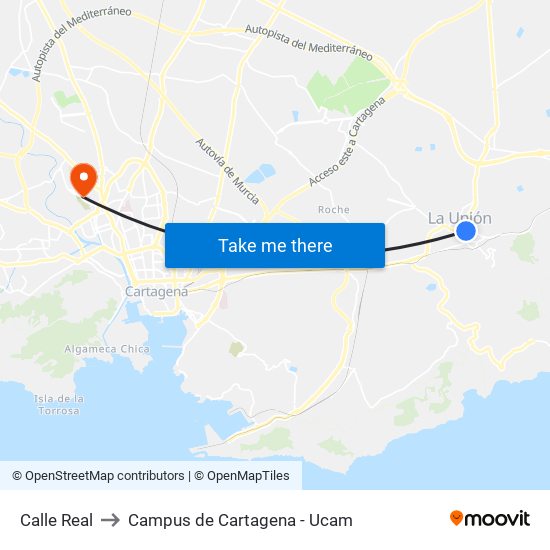Calle Real to Campus de Cartagena - Ucam map