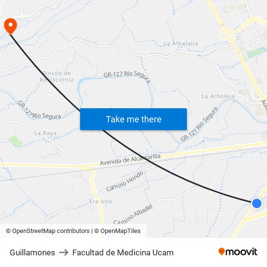 Guillamones to Facultad de Medicina Ucam map