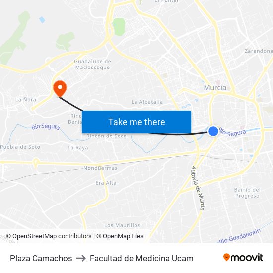 Plaza Camachos to Facultad de Medicina Ucam map