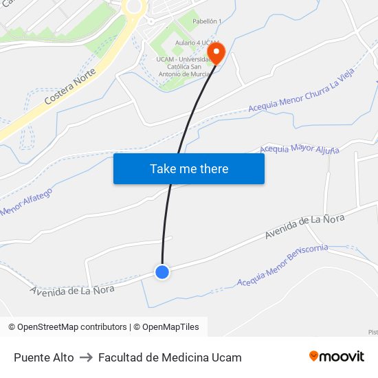 Puente Alto to Facultad de Medicina Ucam map