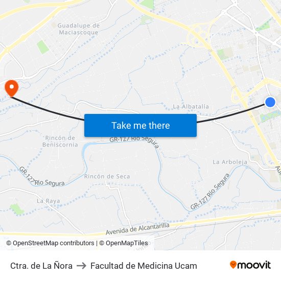 Ctra. de La Ñora to Facultad de Medicina Ucam map