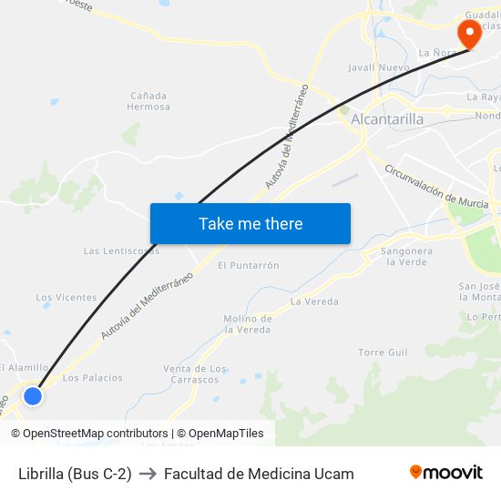 Librilla (Bus C-2) to Facultad de Medicina Ucam map