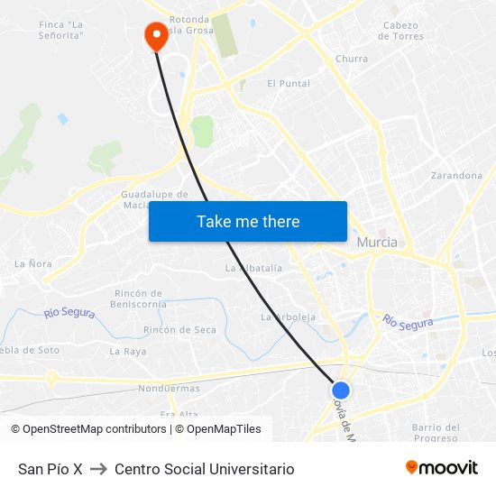 San Pío X to Centro Social Universitario map