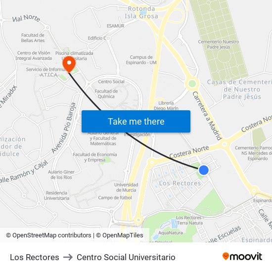 Los Rectores to Centro Social Universitario map