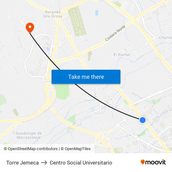 Torre Jemeca to Centro Social Universitario map