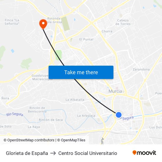 Glorieta de España to Centro Social Universitario map