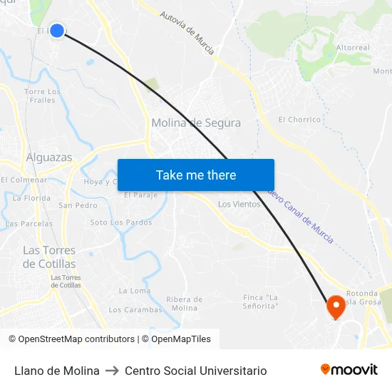 Llano de Molina to Centro Social Universitario map