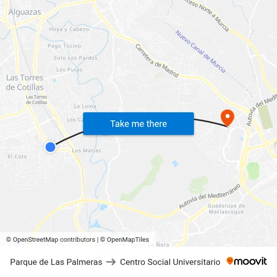 Parque de Las Palmeras to Centro Social Universitario map