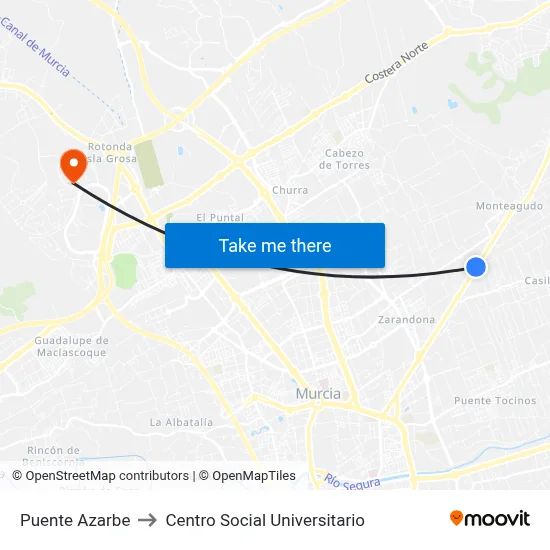 Puente Azarbe to Centro Social Universitario map