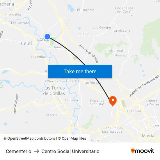 Cementerio to Centro Social Universitario map