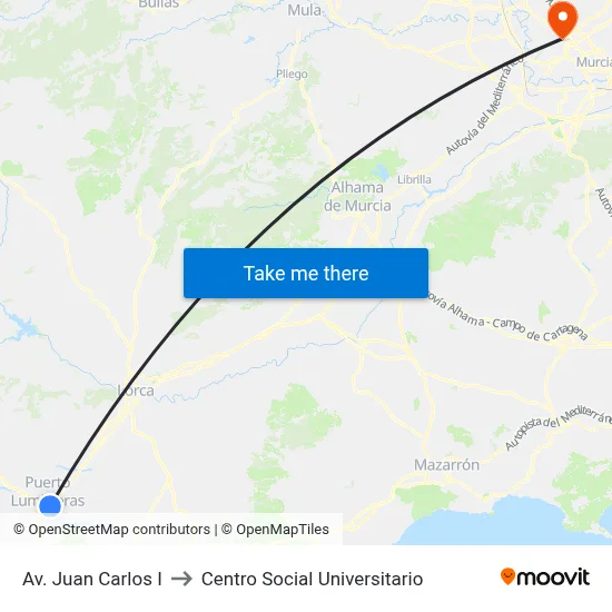 Av. Juan Carlos I to Centro Social Universitario map