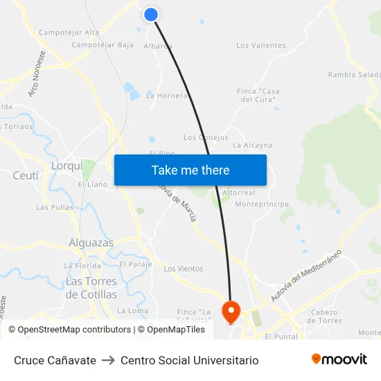 Cruce Cañavate to Centro Social Universitario map