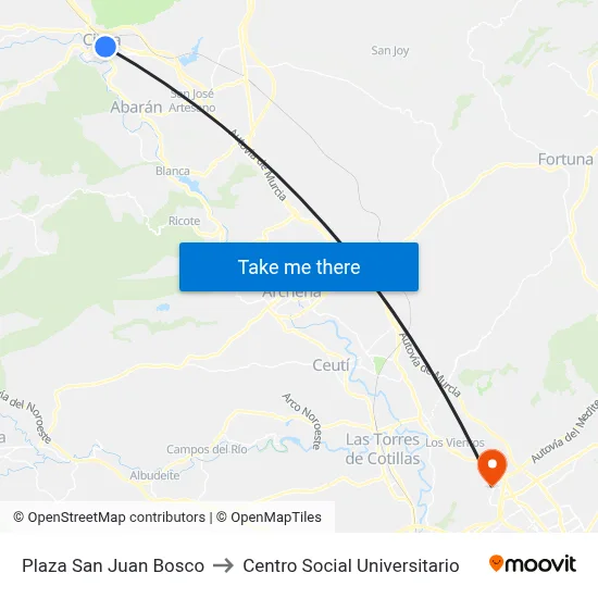 Plaza San Juan Bosco to Centro Social Universitario map