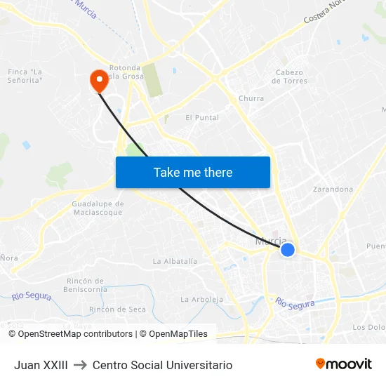 Juan XXIII to Centro Social Universitario map