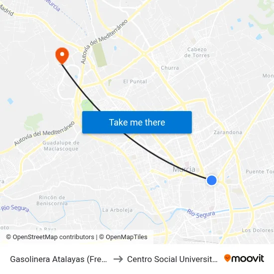 Gasolinera Atalayas (Frente) to Centro Social Universitario map