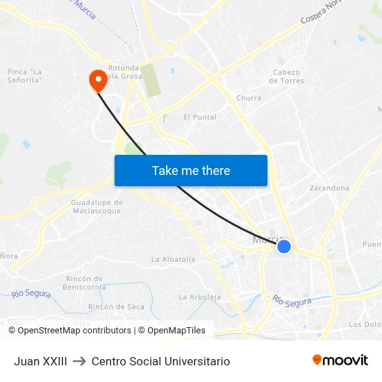 Juan XXIII to Centro Social Universitario map