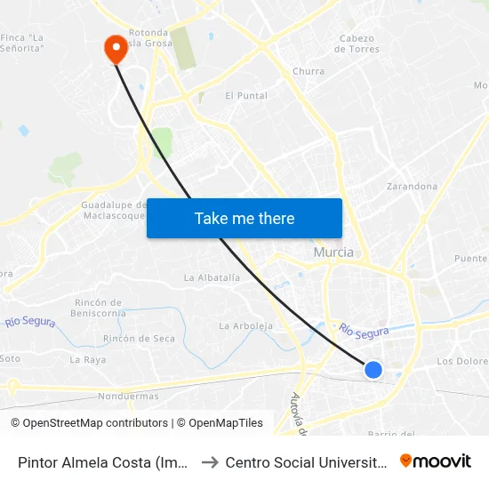 Pintor Almela Costa (Impar) to Centro Social Universitario map