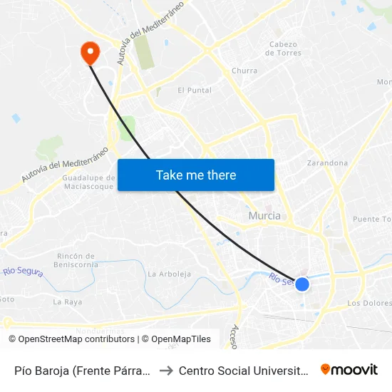 Pío Baroja (Frente Párraga) to Centro Social Universitario map