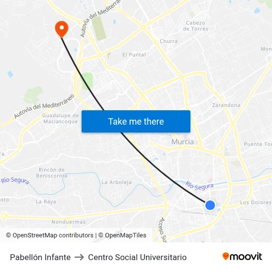 Pabellón Infante to Centro Social Universitario map