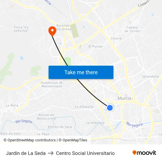 Jardín de La Seda to Centro Social Universitario map