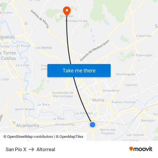 San Pío X to Altorreal map
