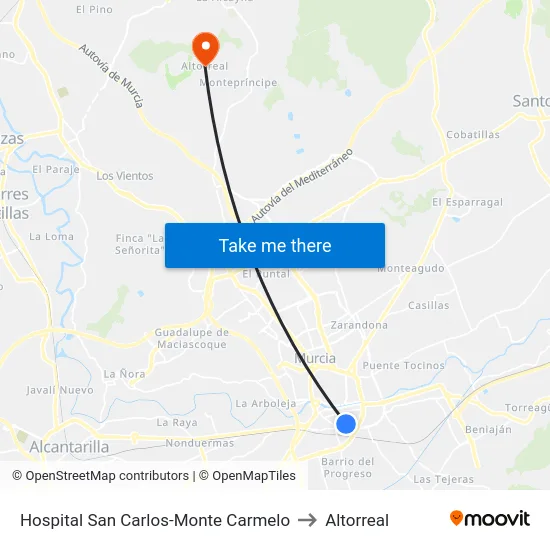 Hospital San Carlos-Monte Carmelo to Altorreal map