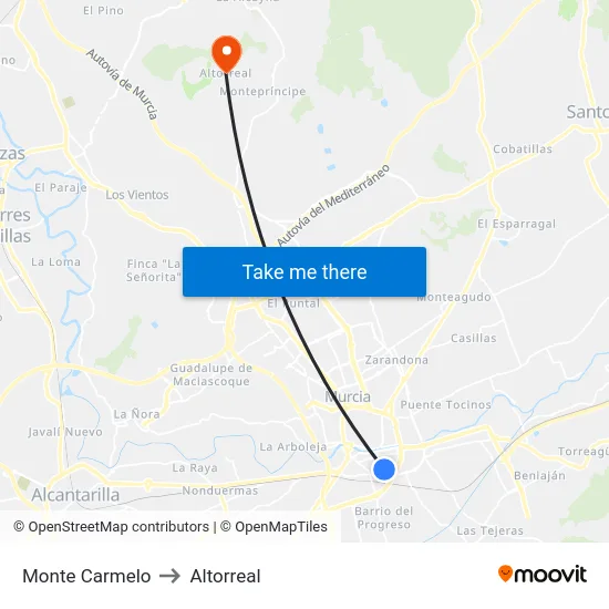 Monte Carmelo to Altorreal map
