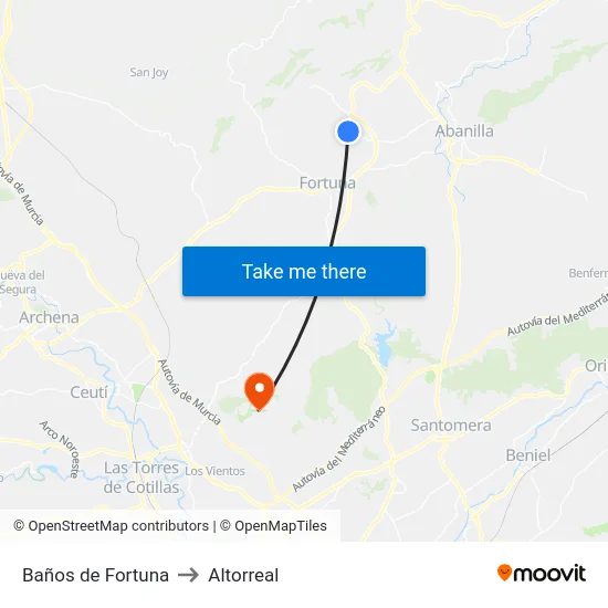 Baños de Fortuna to Altorreal map