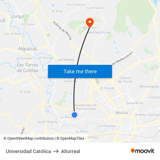 Universidad Católica to Altorreal map