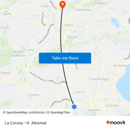 La Corona to Altorreal map