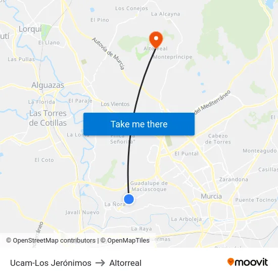 Ucam-Los Jerónimos to Altorreal map