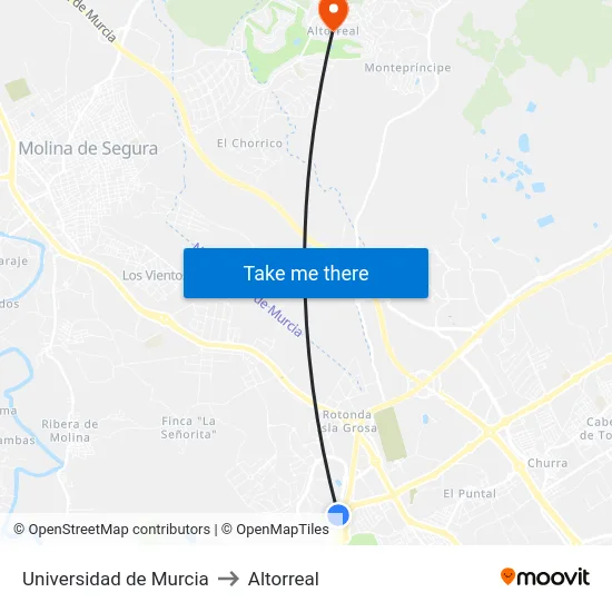 Universidad de Murcia to Altorreal map