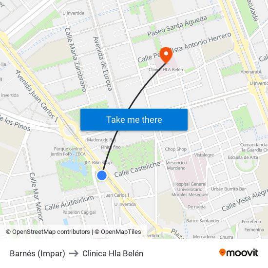 Barnés (Impar) to Clinica Hla Belén map