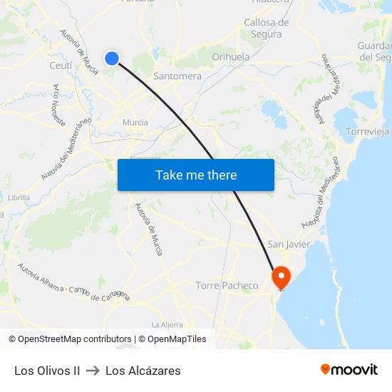 Los Olivos to Los Alcázares map