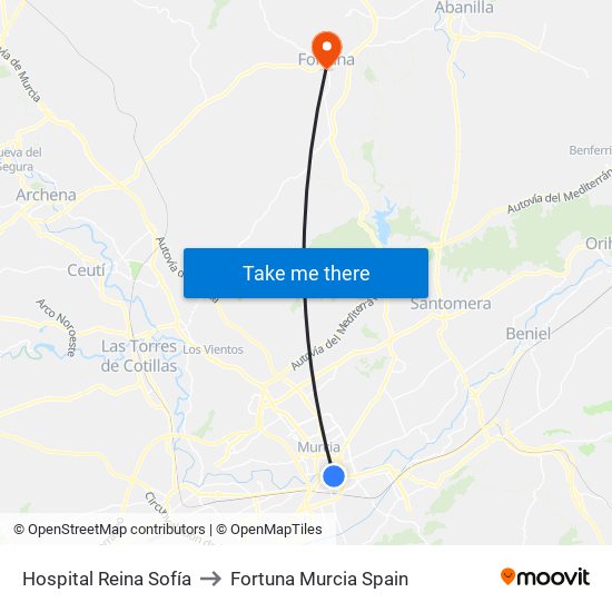 Hospital Reina Sofía to Fortuna Murcia Spain map