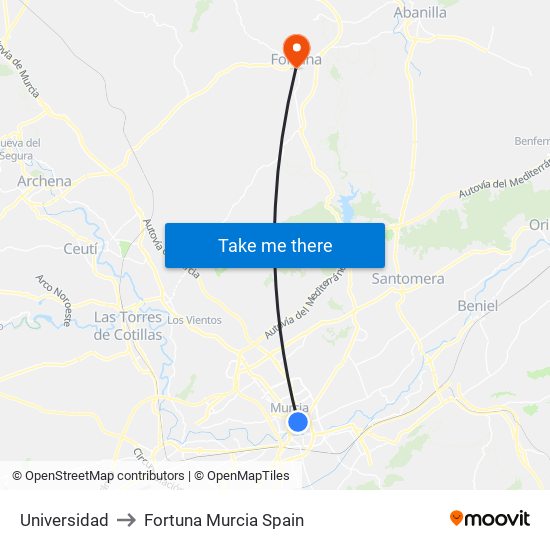 Universidad to Fortuna Murcia Spain map