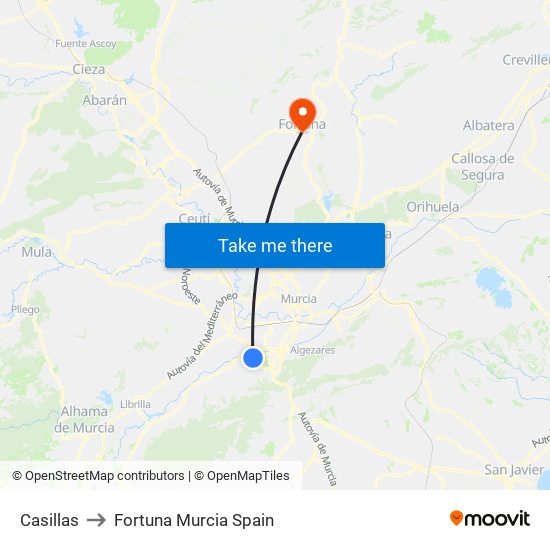 Casillas to Fortuna Murcia Spain map