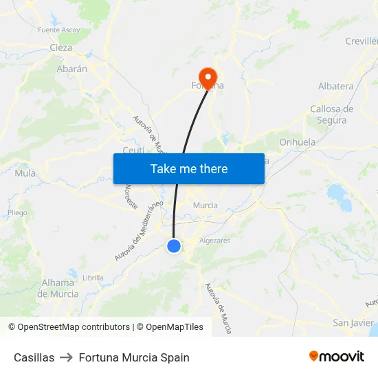 Casillas to Fortuna Murcia Spain map