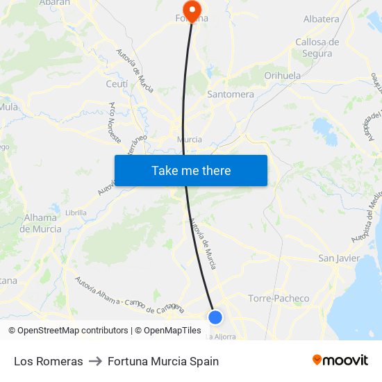 Los Romeras to Fortuna Murcia Spain map